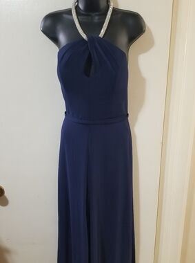 Omai Navy Sheer Overlay Halter Jumpsuit Rhinestone Strap Wide Leg M